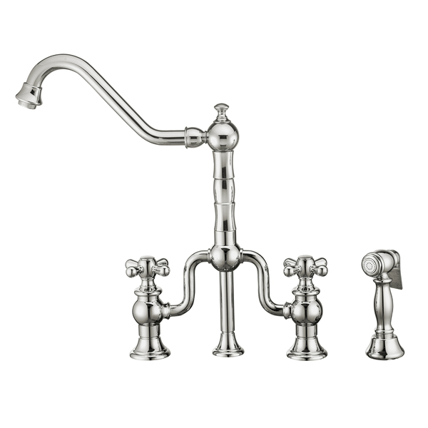 Whitehaus Bridge Faucet W/ Long Traditional Swivel Spout, Cross Handles And Brass WHTTSCR3-9771-NT-C